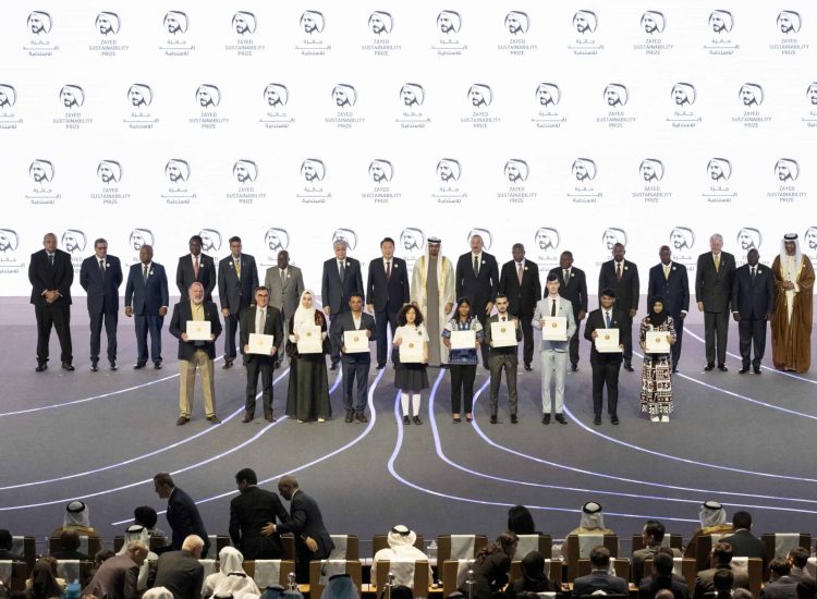 ABU DHABI, UNITED ARAB EMIRATES - January 16, 2023: (back row L-R) HE Siaosi Sovaleni, Prime Minister of Tonga, HE Aziz Akhannouch, Prime Minister of Morocco, HE Wavil Ramkalawan, President of Seychelles, HE Hakainde Hichilema, President of Zambia, HE Surangel Whipps Jr, President of Palau, HE Nana Akufo-Addo, President of Ghana, HE Kasim-Jomart Tokayev, President of Kazakhstan, HE Yoon Suk Yeol, President of South Korea, HH Sheikh Mohamed bin Zayed Al Nahyan, President of the United Arab Emirates, HE Ilham Aliyev, President of Azerbaijan, HE Joao Lourenco, President of Angola, HE Filipe Nyusi, President of Mozambique, HE Abiy Ahmed, Prime Minister of Ethiopia, HE Yoweri Museveni, President of Uganda, Olafur Ragnar Grimsson, former President of Iceland and Chairman of Arctic Circle, HE Tiemoko Meyliet Kone, Vice President of Ivory Coast, and HE Dr Sultan bin Ahmed Al Jaber, UAE Minister of Industry and Advanced Technology Group CEO of ADNOC and Chairman of Masdar, stand for a photograph with 2023 Zayed Sustainability Prize winners (front row) during the opening ceremony of Abu Dhabi Sustainability Week (ADSW 2023), at Abu Dhabi National Exhibition Centre (ADNEC).
( Mohamed Al Blooshi for the UAE Presidential Court )
---